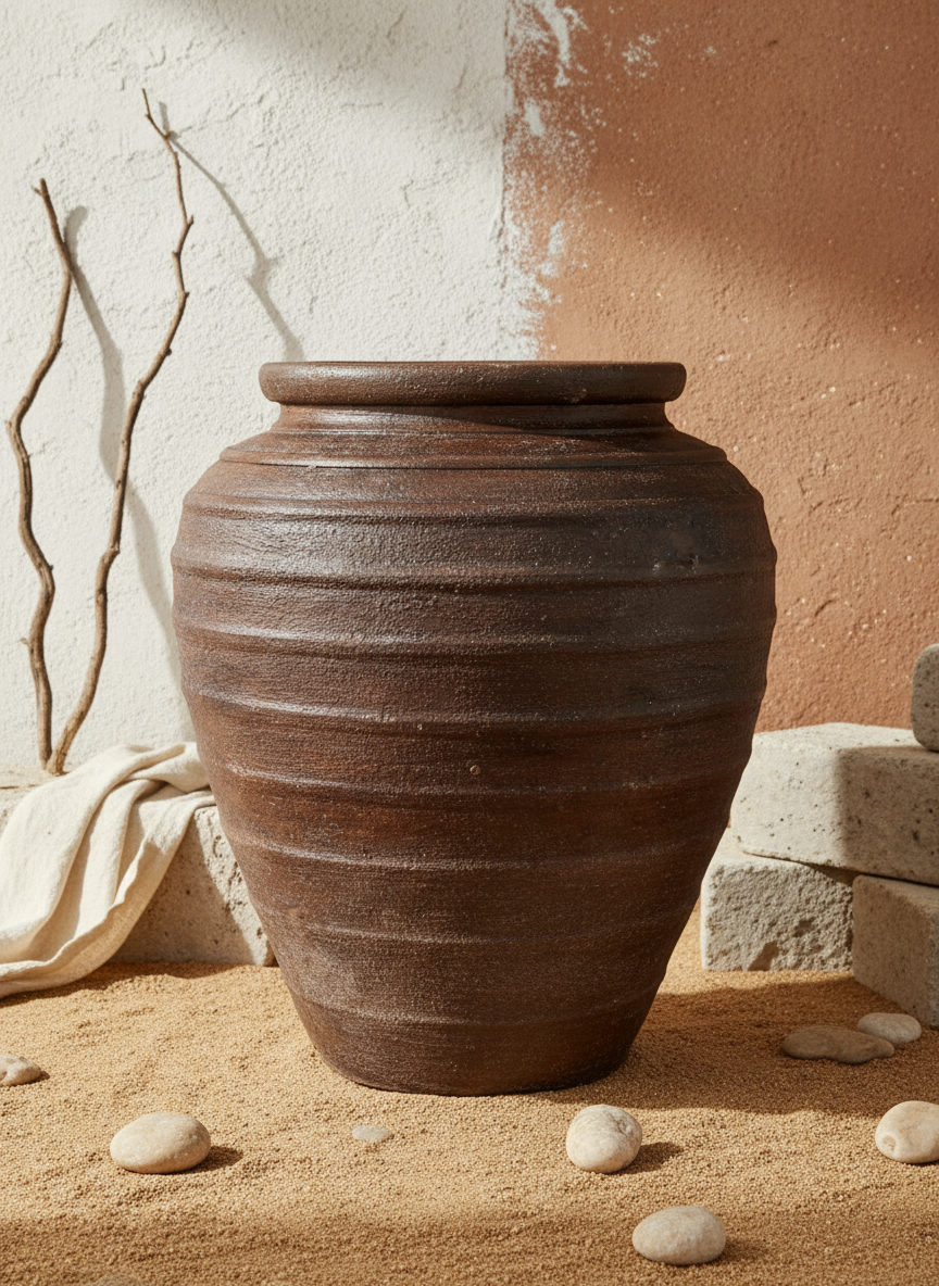 Pot en terre cuite marron rustique avec rainures texturées et bord arrondi