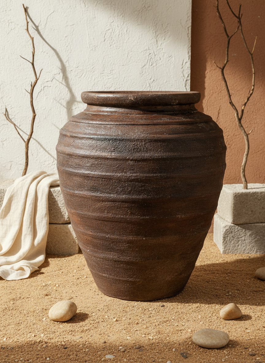 Pot en terre cuite marron rustique avec rainures texturées et bord arrondi