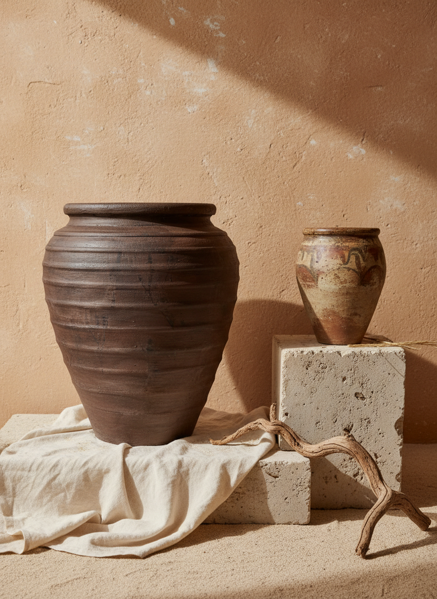 Vaso in Terracotta Marrone Rustico con Texture Scanalata e Profilo Arrotondato