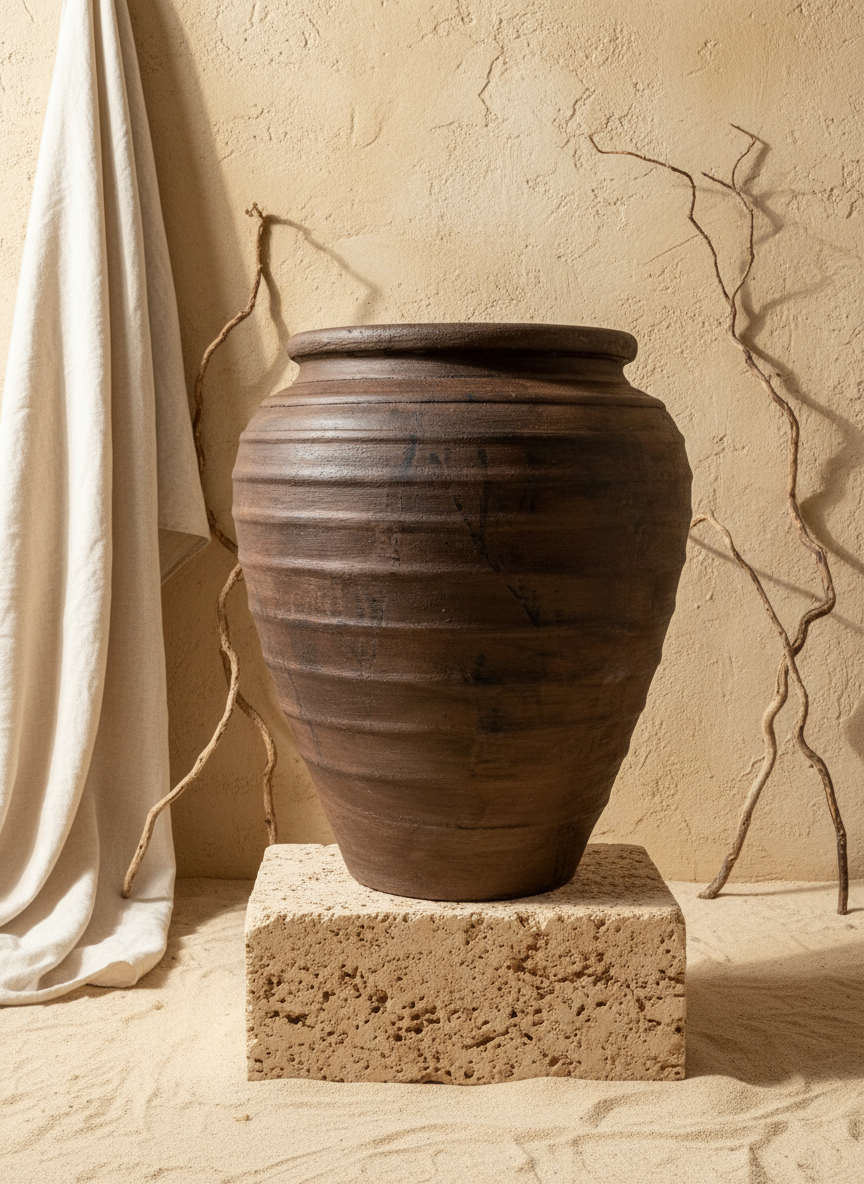 Pot en terre cuite marron rustique à texture côtelée et profil arrondi