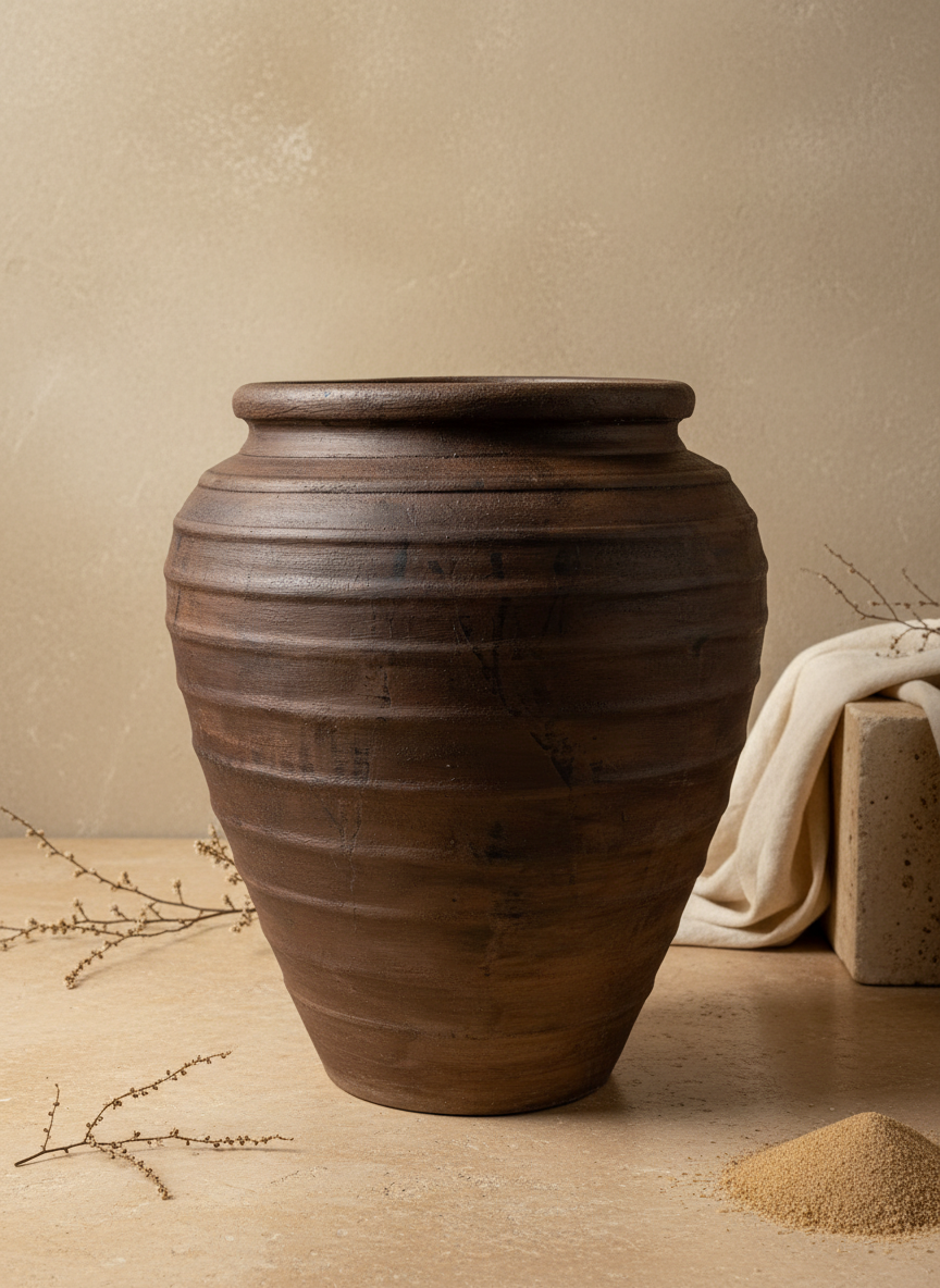 Vaso in Terracotta Marrone Rustico con Texture Scanalata e Profilo Arrotondato