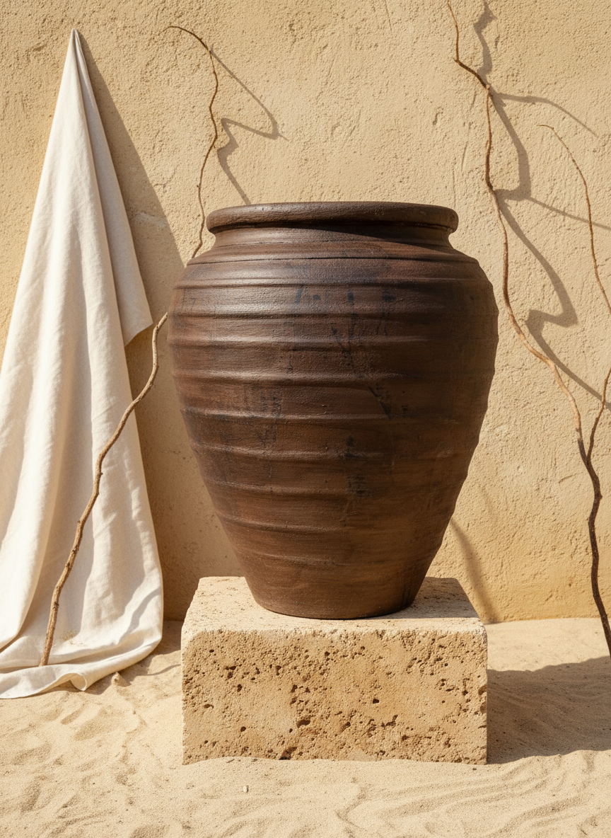 Vaso in Terracotta Marrone Rustico con Texture Scanalata e Profilo Arrotondato