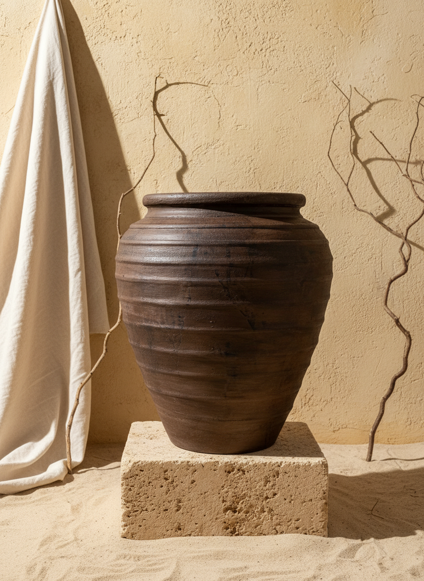 Vaso in Terracotta Marrone Rustico con Texture Scanalata e Profilo Arrotondato