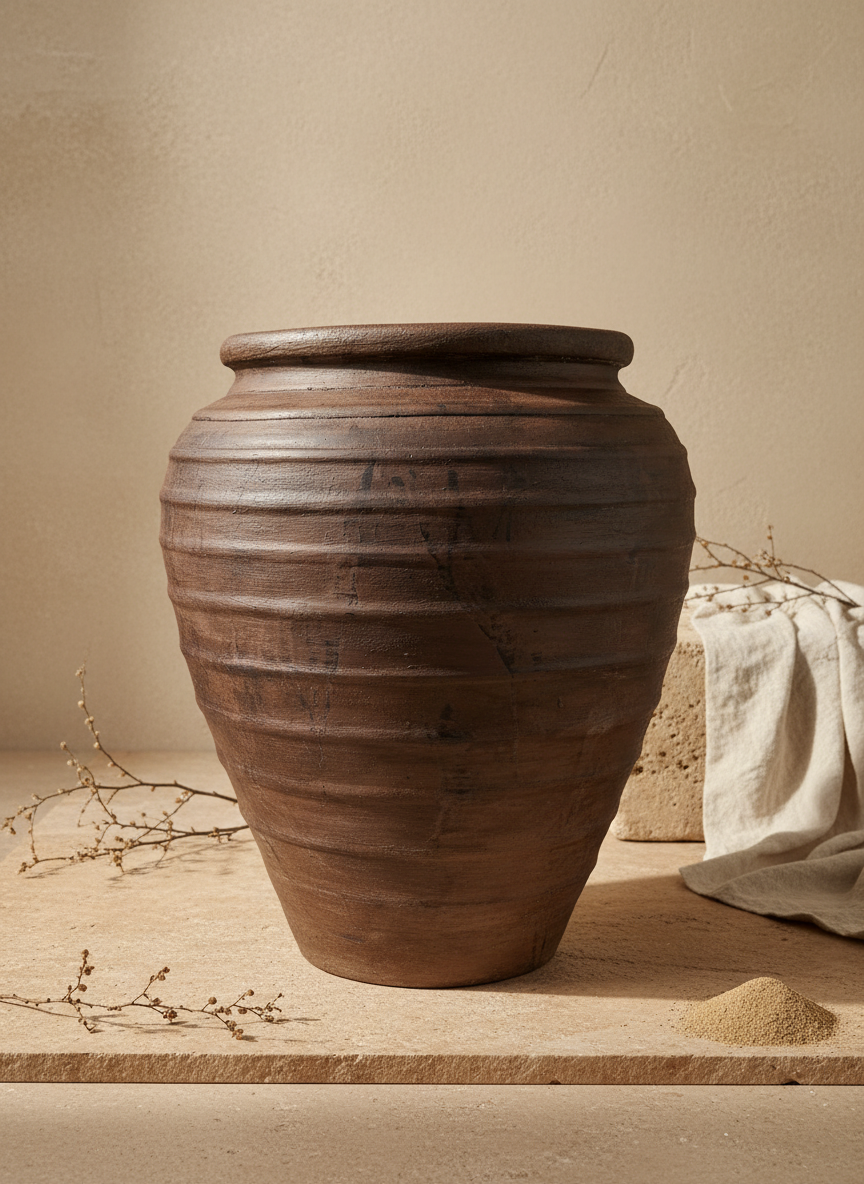 Vaso in Terracotta Marrone Rustico con Texture Scanalata e Profilo Arrotondato