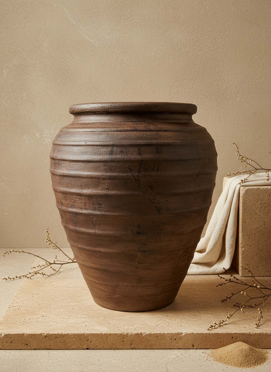 Vaso in Terracotta Marrone Rustico con Texture Scanalata e Profilo Arrotondato