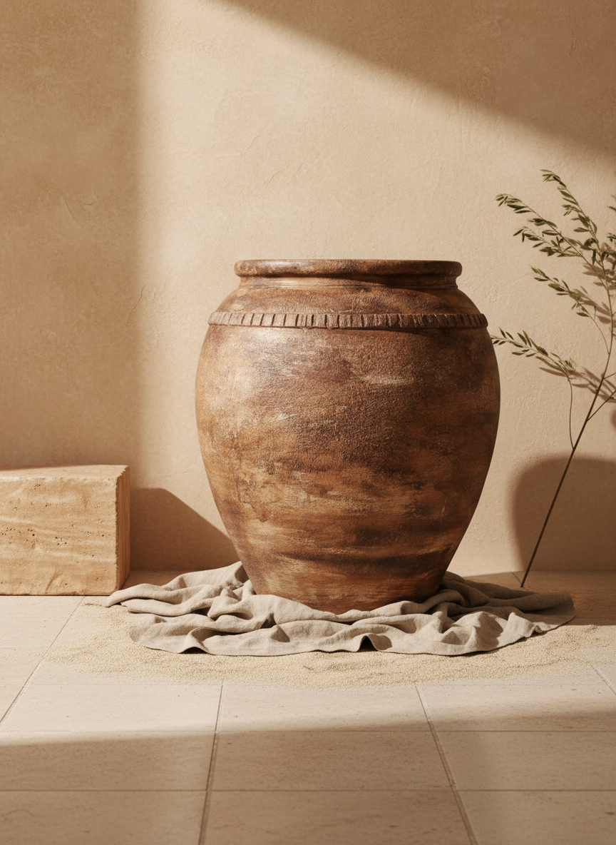 Pot de fleurs rustique en terre cuite marron au design décoratif arrondi et texturé