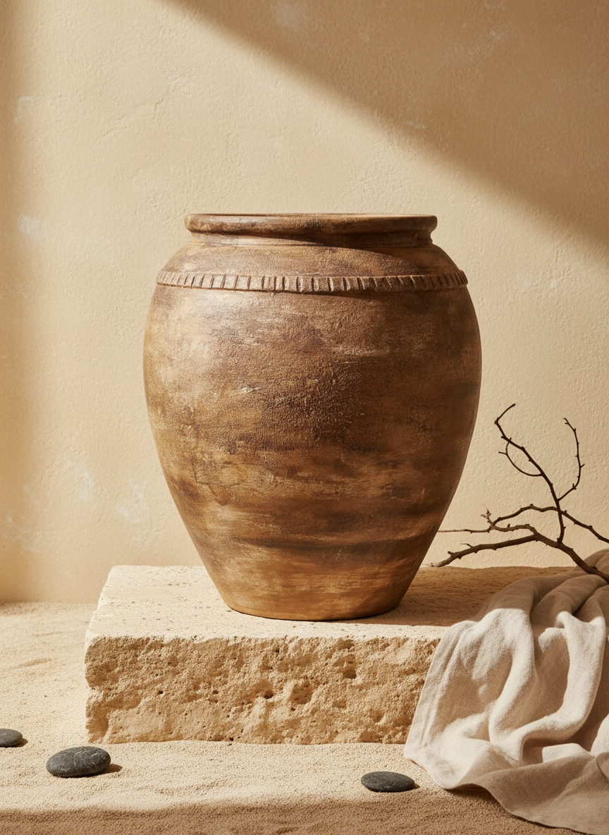 Pot de fleurs rustique en terre cuite marron au design décoratif arrondi et texturé