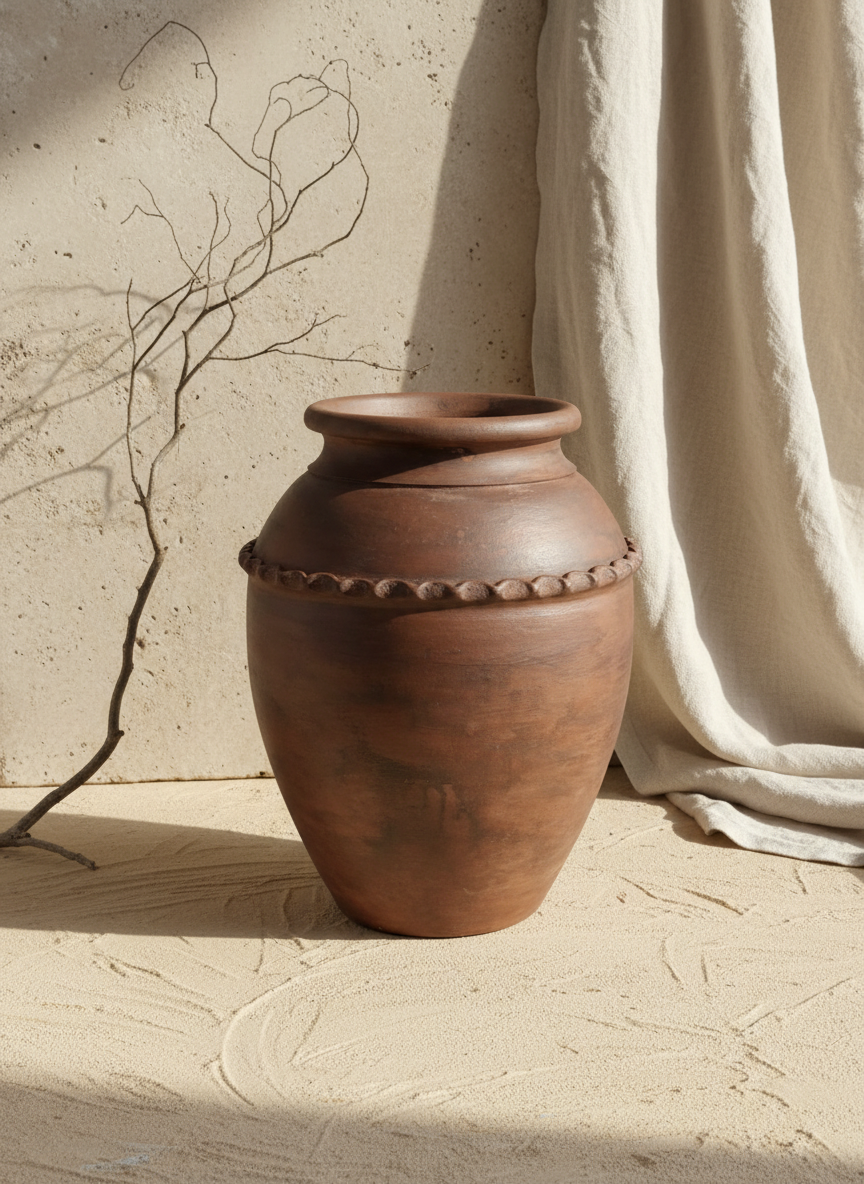 Vase rustique en terre cuite brune avec bande décorative en relief et corps arrondi