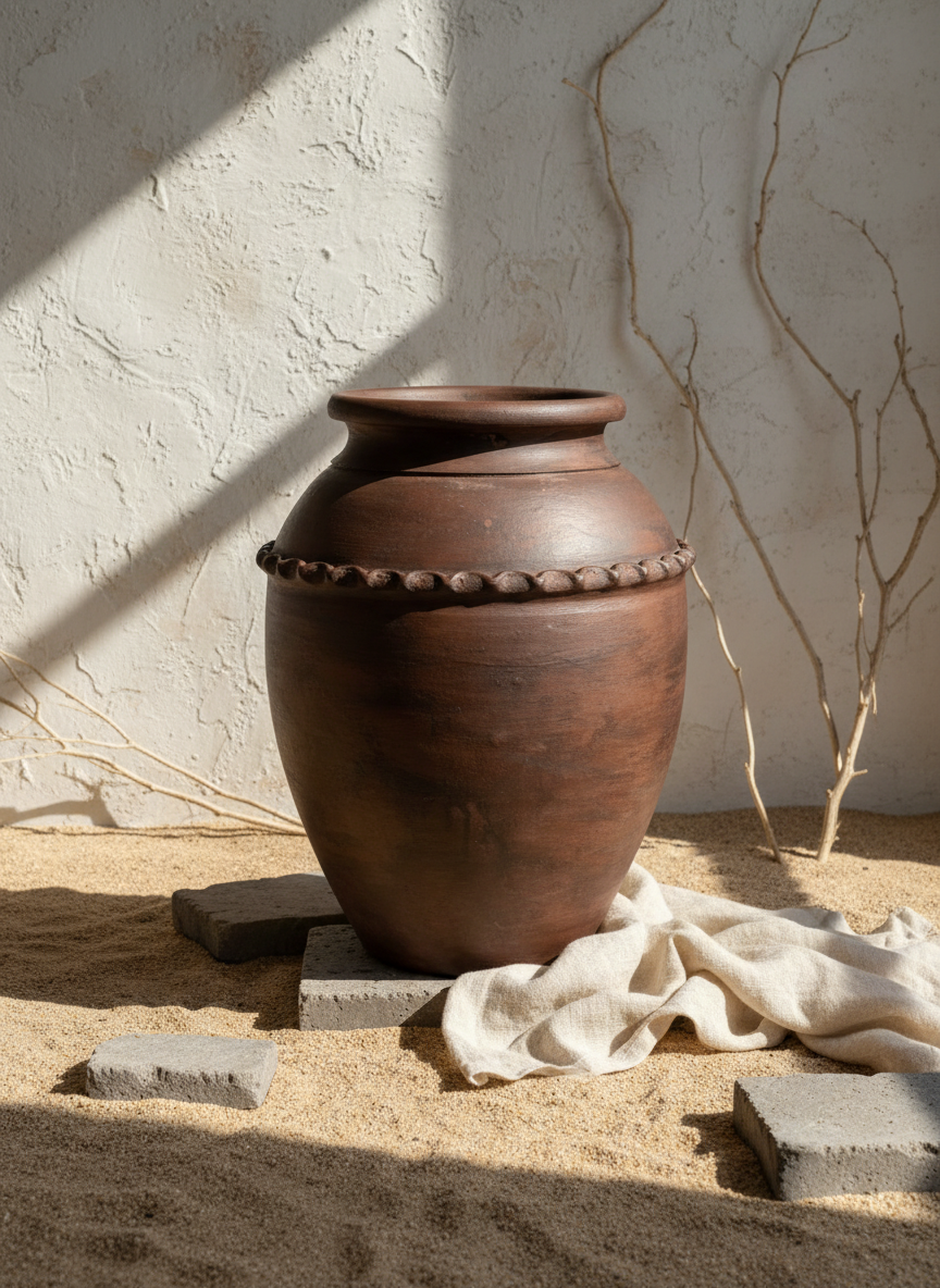 Vase rustique en terre cuite brune avec bande décorative en relief et corps arrondi