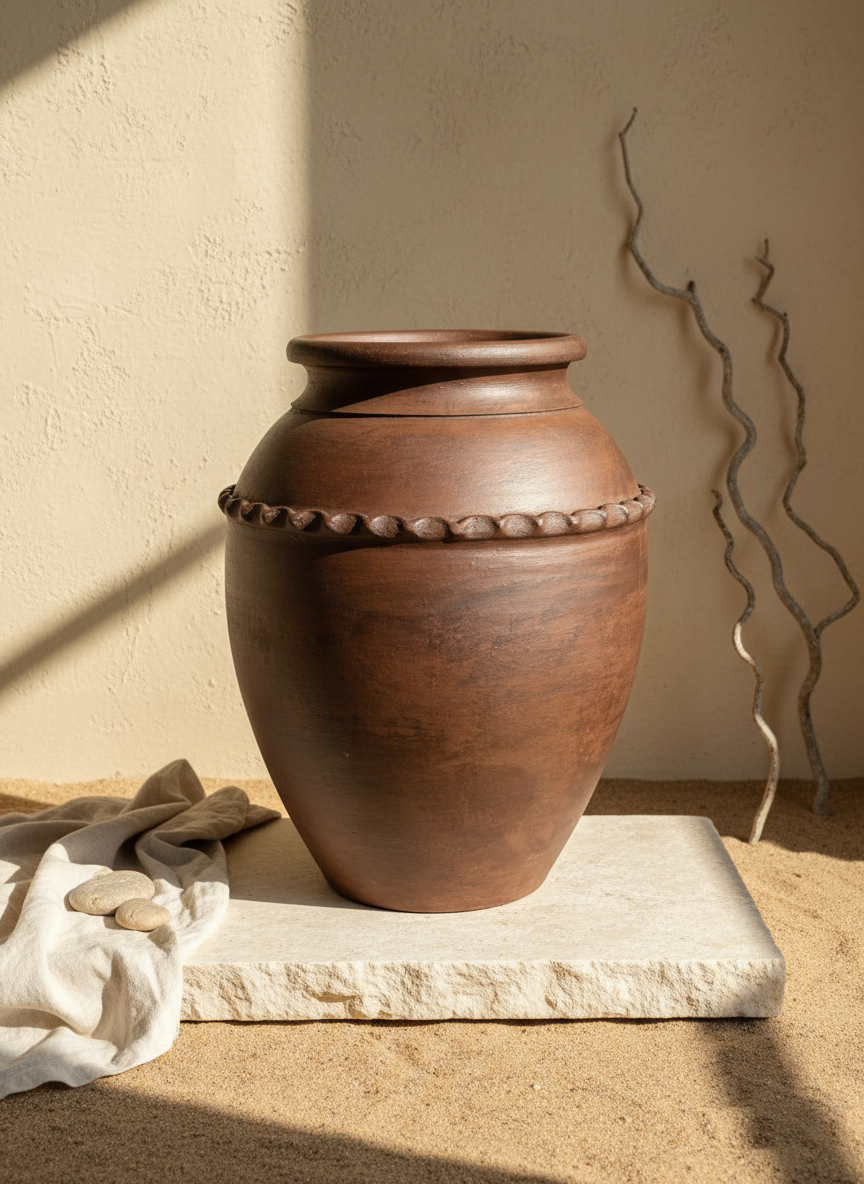 Vase rustique en terre cuite brune avec bande décorative en relief et corps arrondi