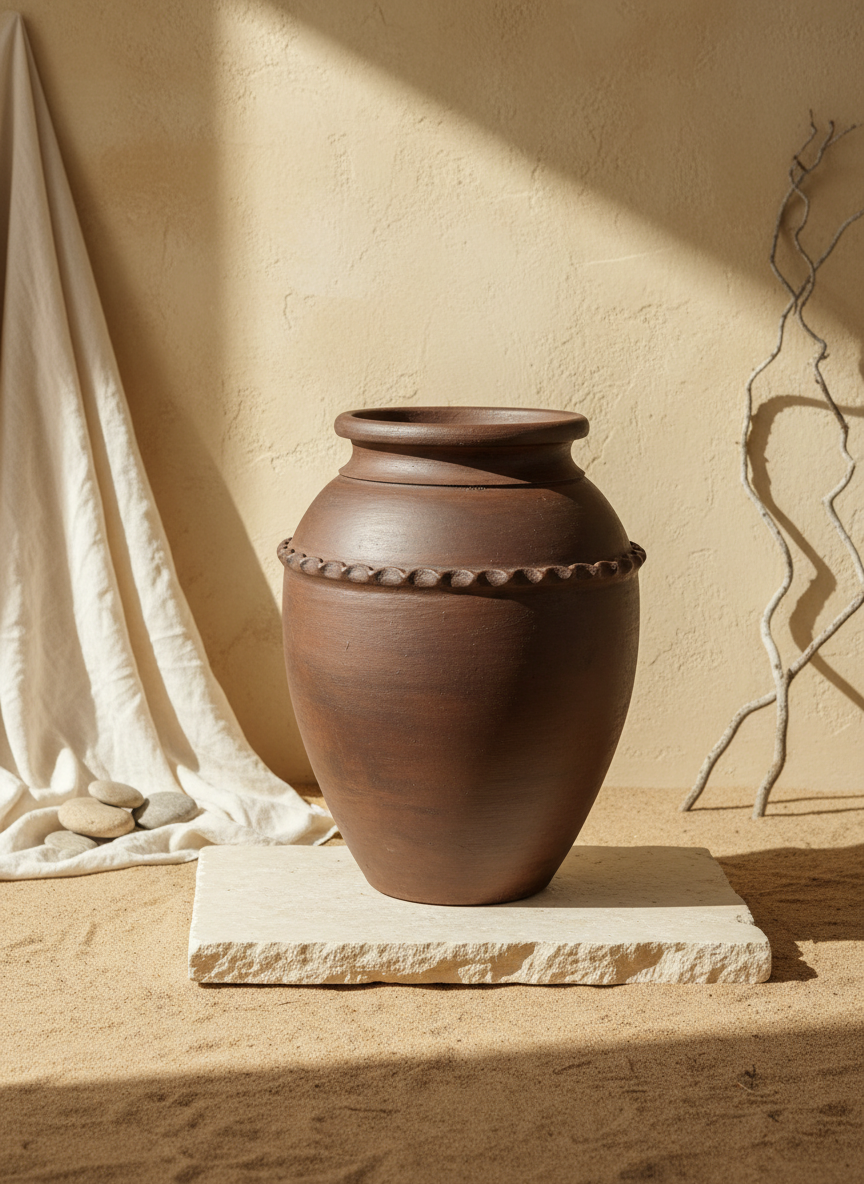 Vase rustique en terre cuite brune avec bande décorative en relief et corps arrondi