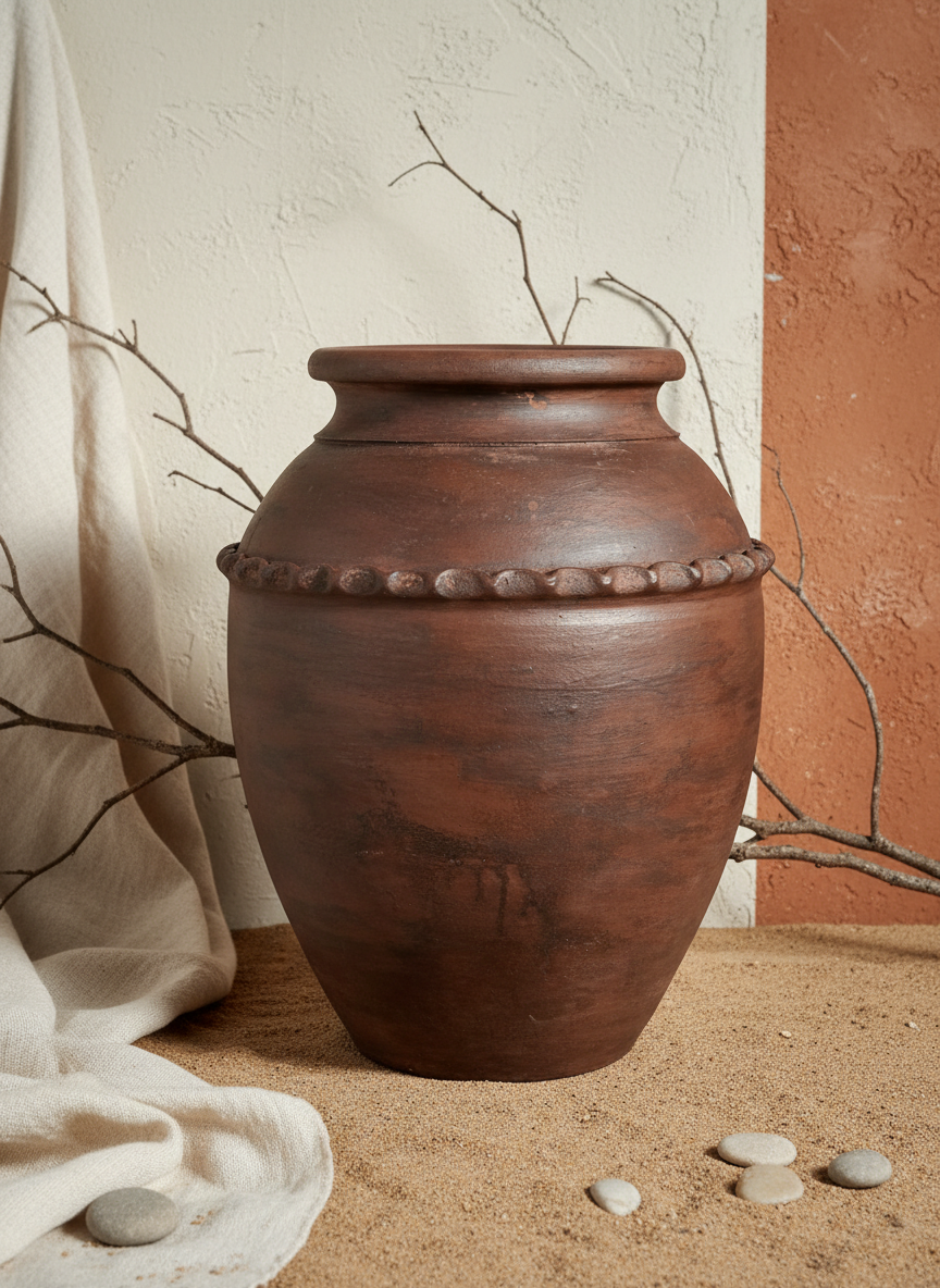 Vase rustique en terre cuite brune avec bande décorative en relief et corps arrondi