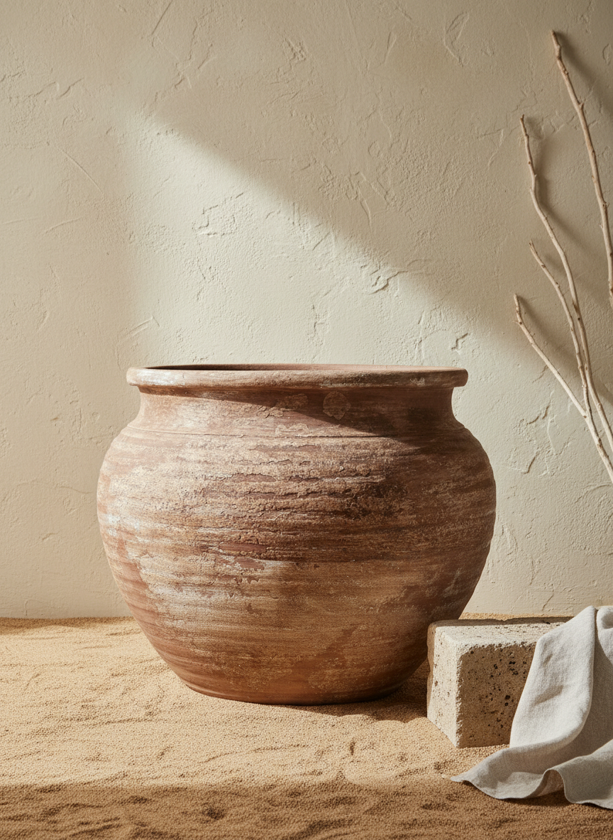 Pot en terre cuite marron rustique au corps arrondi et à la finition texturée