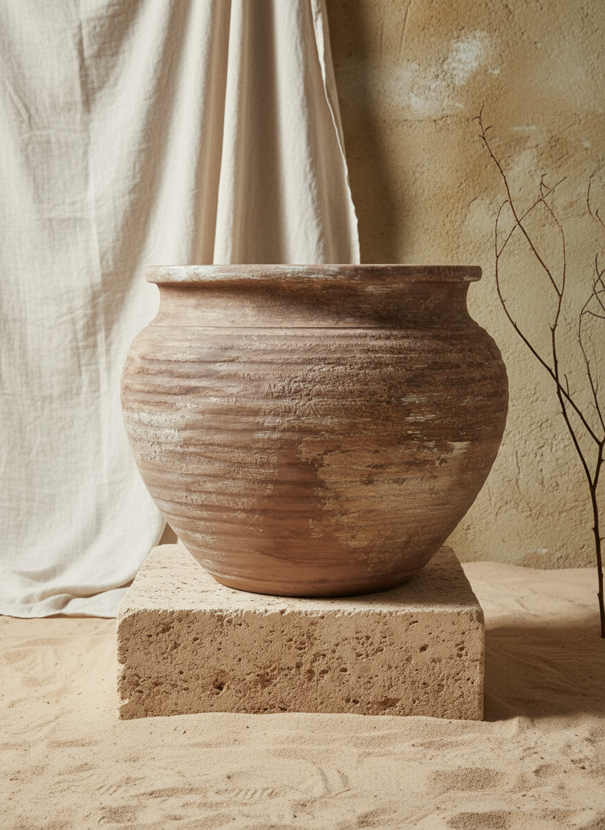 Pot en terre cuite marron rustique au corps arrondi et à la finition texturée