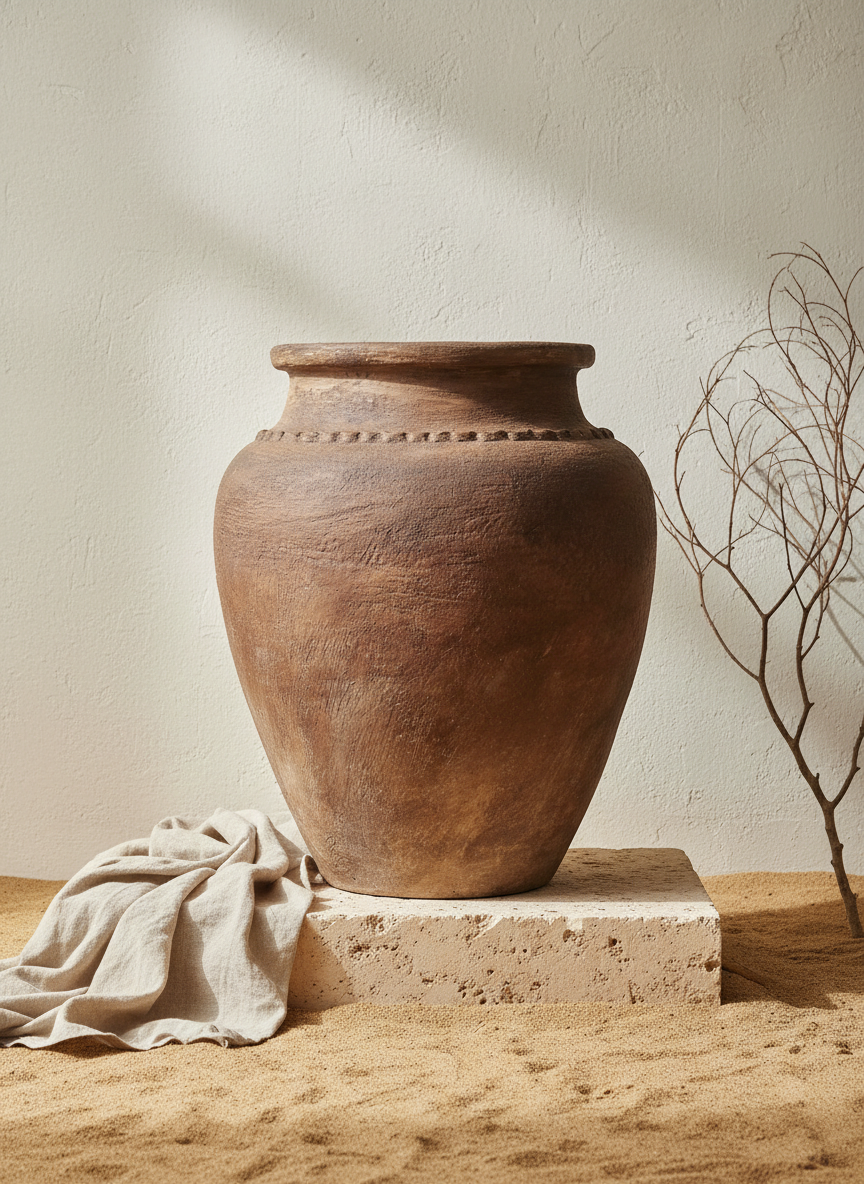 Pot en terre cuite marron rustique à finition texturée et silhouette arrondie