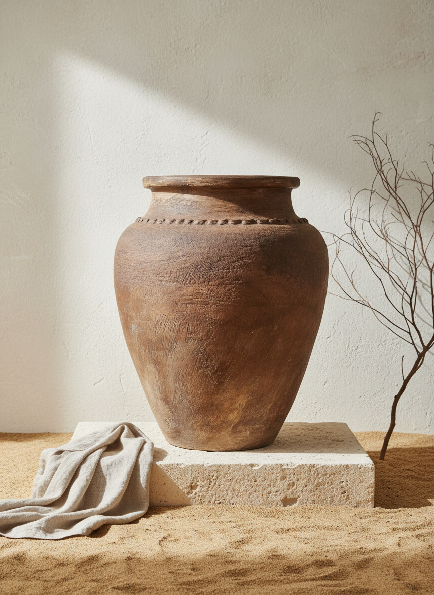 Pot en terre cuite marron rustique à finition texturée et silhouette arrondie