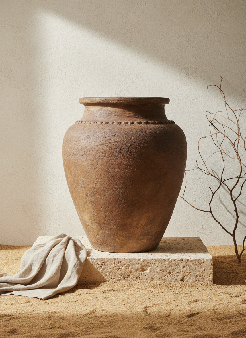 Pot en terre cuite marron rustique à finition texturée et silhouette arrondie