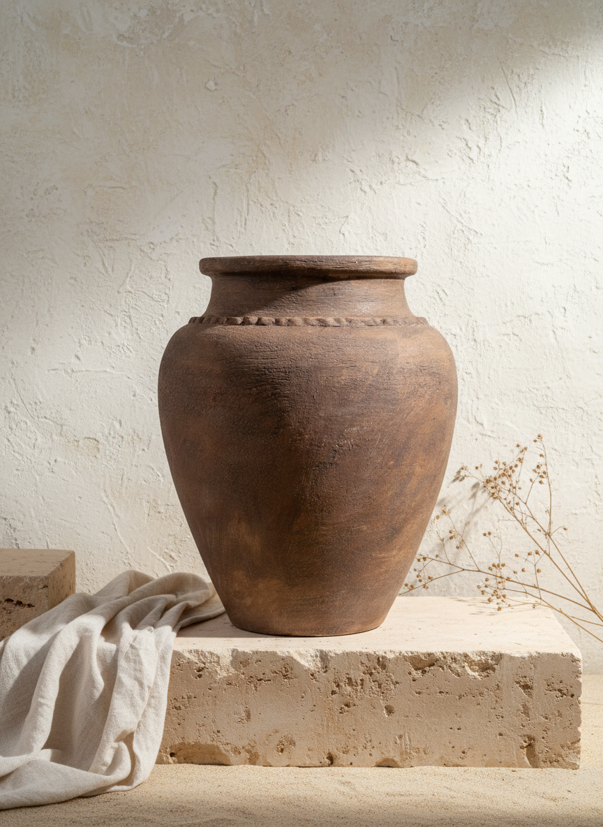 Pot en terre cuite marron rustique à finition texturée et silhouette arrondie