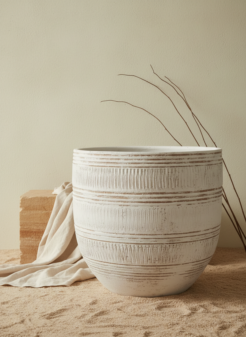 Pot en terre cuite crème rustique à bandes texturées et forme arrondie