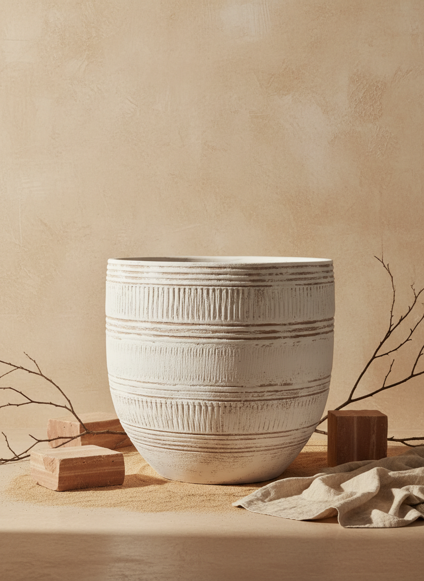 Vaso rustico in terracotta color crema con fasce testurizzate e forma arrotondata