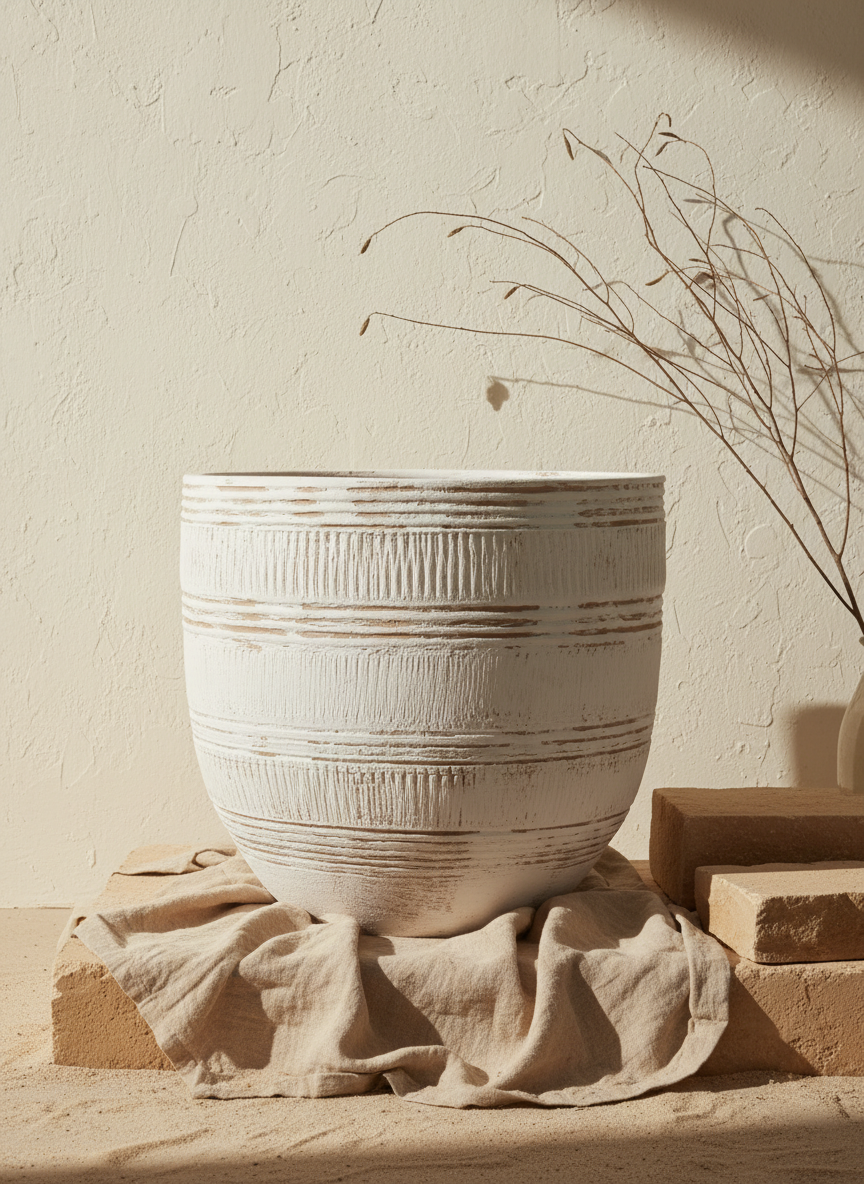 Vaso rustico in terracotta color crema con fasce testurizzate e forma arrotondata
