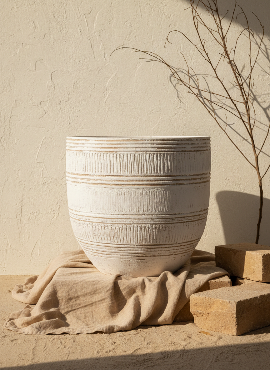 Vaso rustico in terracotta color crema con fasce testurizzate e forma arrotondata