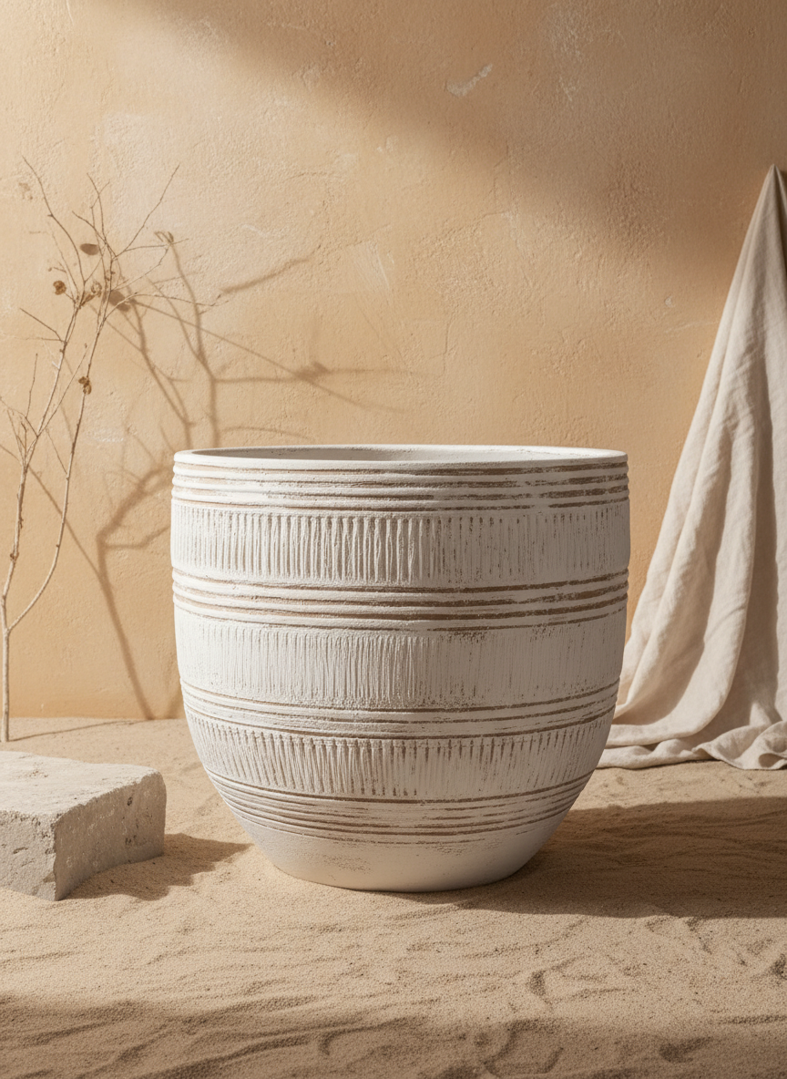 Vaso rustico in terracotta color crema con fasce testurizzate e forma arrotondata
