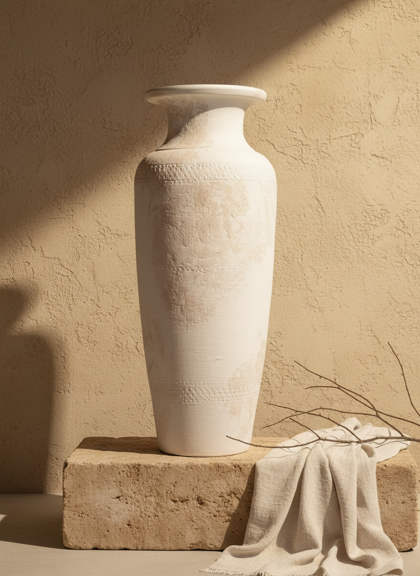 Grand vase de sol en terre cuite ivoire avec finition céramique rustique texturée