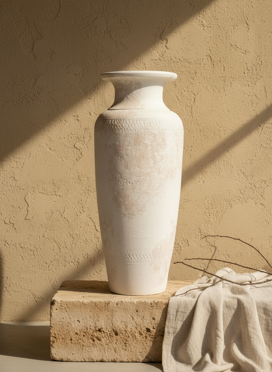 Grand vase de sol en terre cuite ivoire avec finition céramique rustique texturée