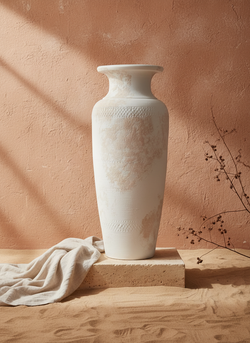 Grand vase de sol en terre cuite ivoire avec finition céramique rustique texturée