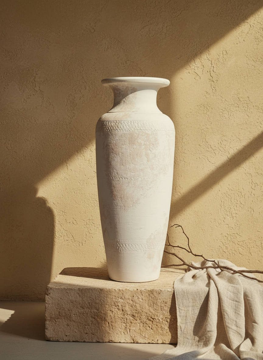 Hohe elfenbeinfarbene Terrakotta-Bodenvase mit rustikaler, strukturierter Keramikoberfläche