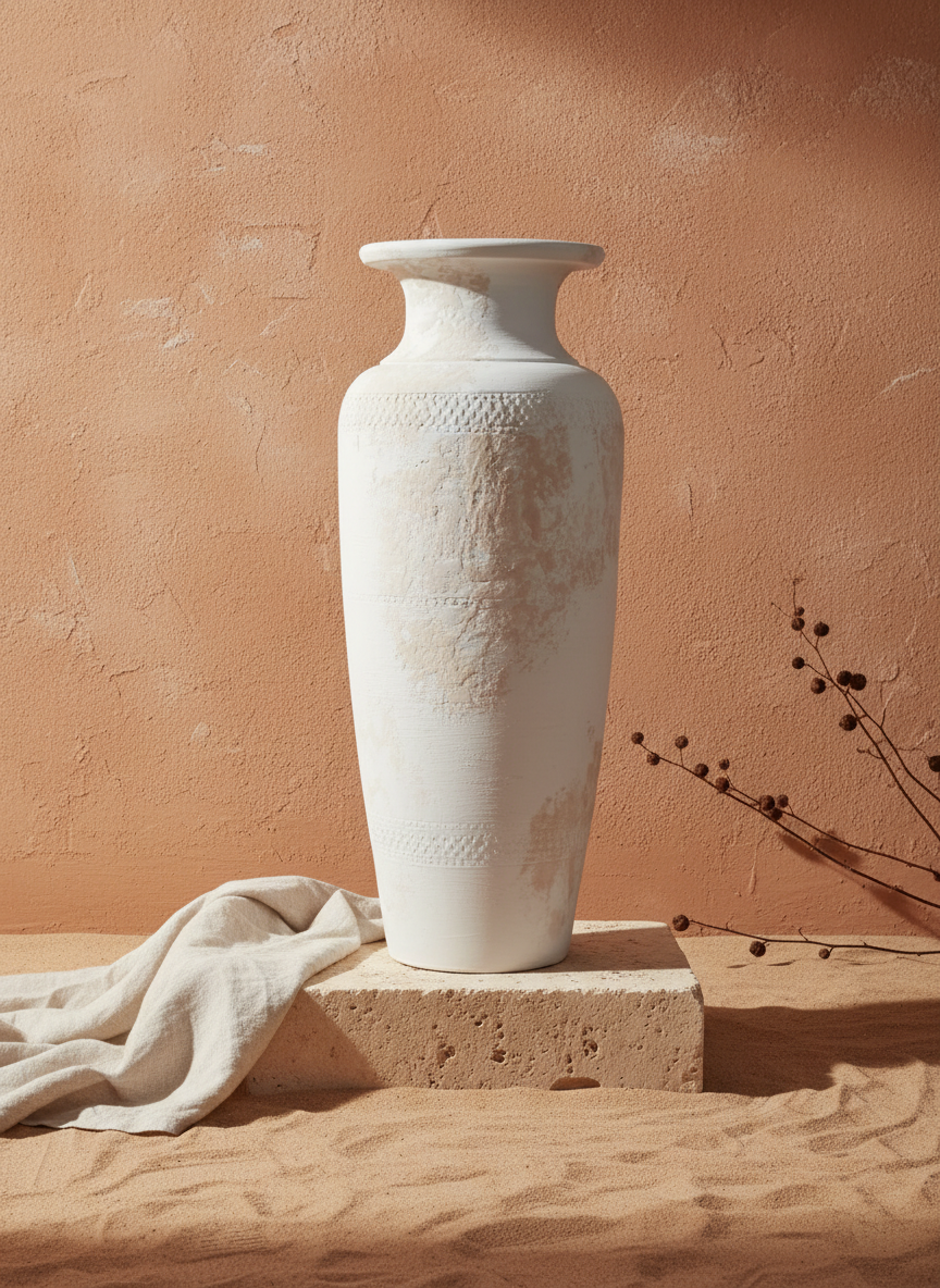 Grand vase de sol en terre cuite ivoire avec finition céramique rustique texturée