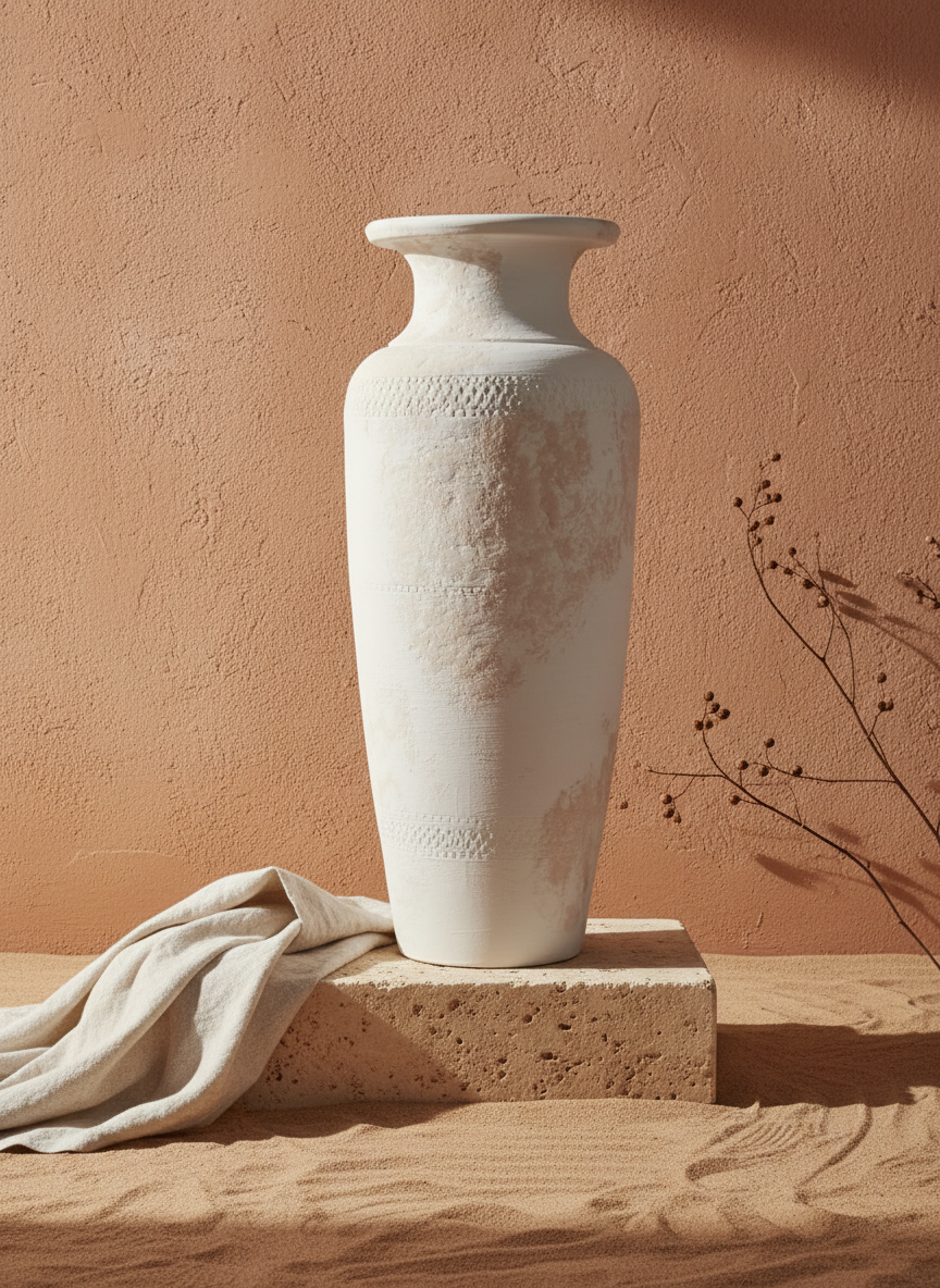 Hohe elfenbeinfarbene Terrakotta-Bodenvase mit rustikaler, strukturierter Keramikoberfläche
