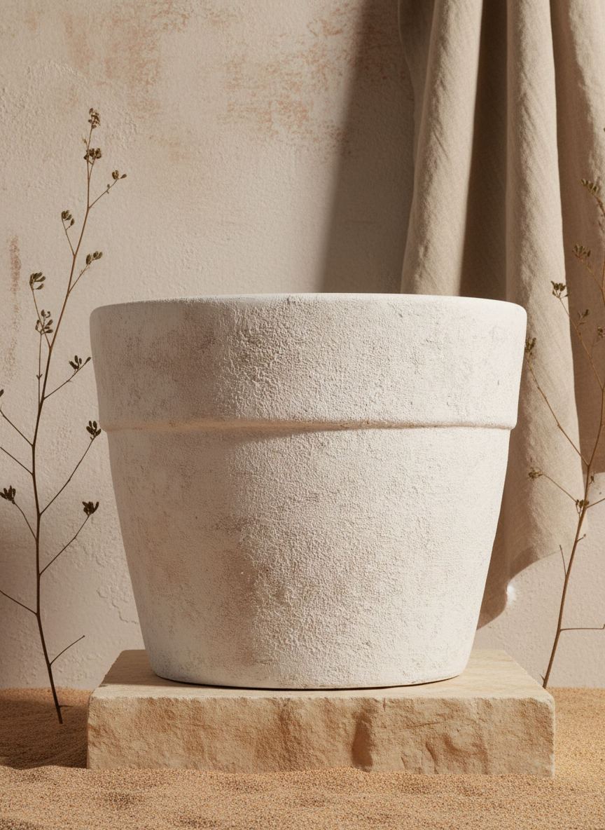 Rustic Cream Terracotta Plant Pot with Textured Finish and Rim
