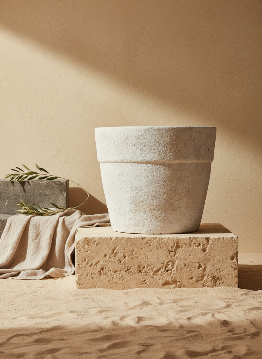 Pot de fleurs rustique en terre cuite crème avec finition texturée et rebord