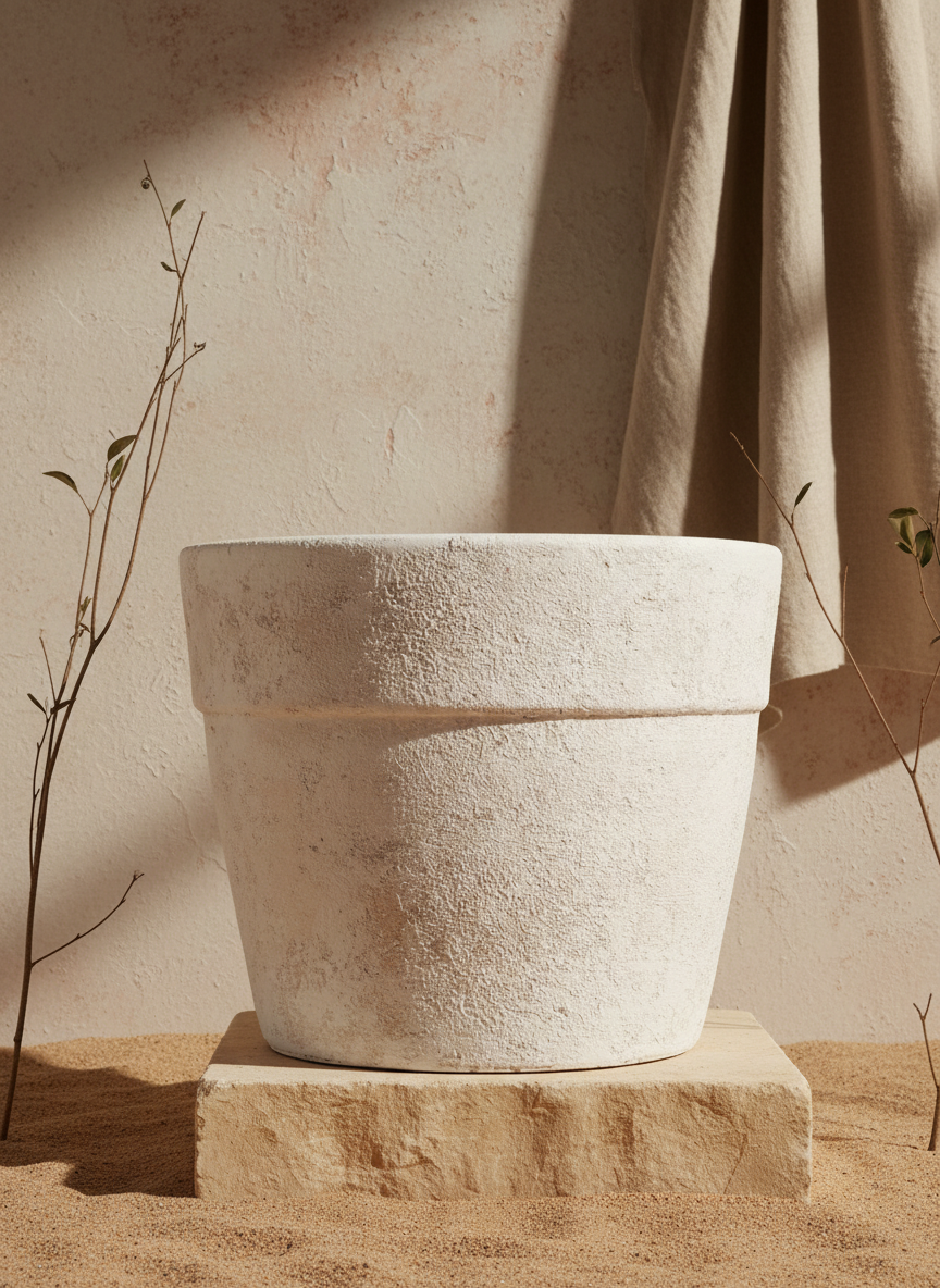 Pot de fleurs rustique en terre cuite crème avec finition texturée et rebord