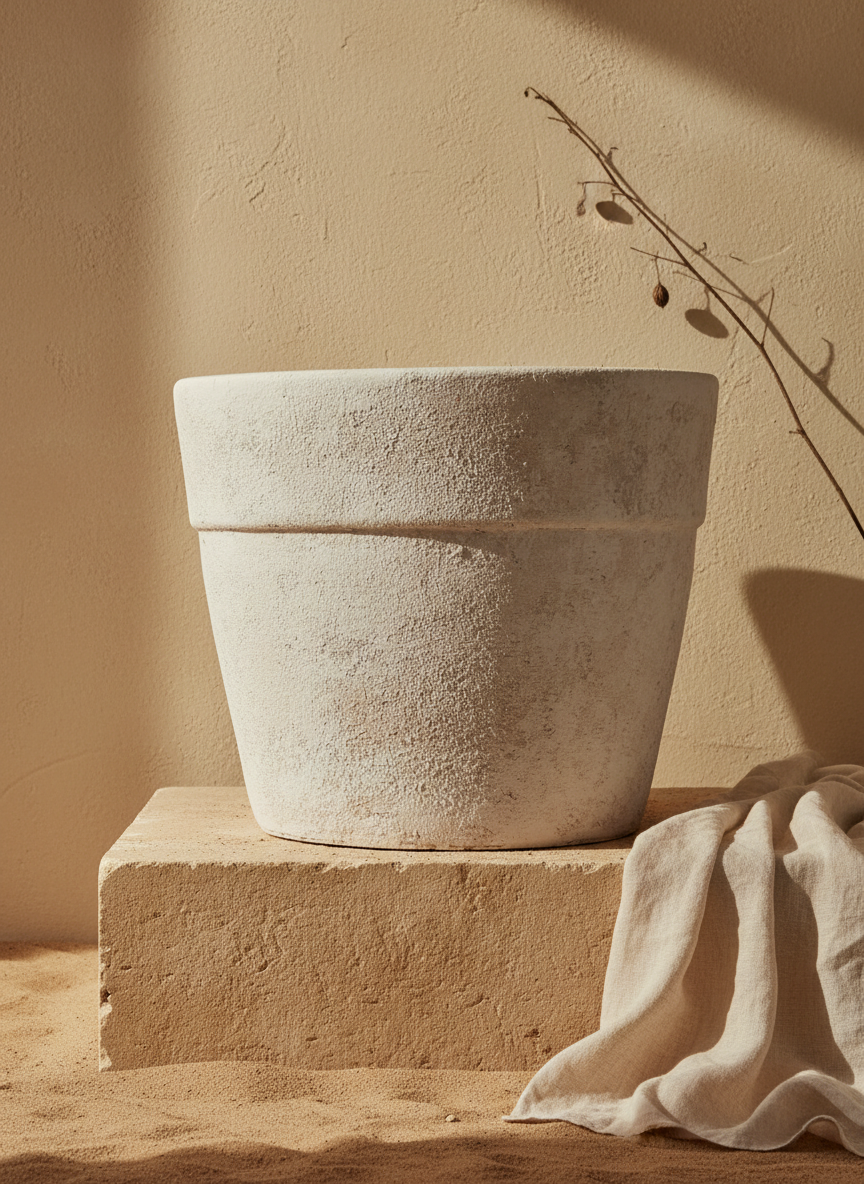 Pot de fleurs rustique en terre cuite crème avec finition texturée et rebord