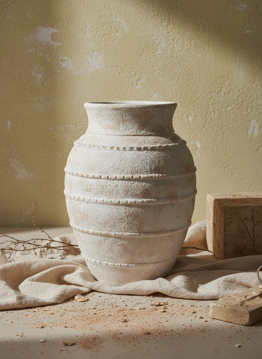 Vase Terracotta Beige Ivoire à Anneaux en Relief et Texture Rustique