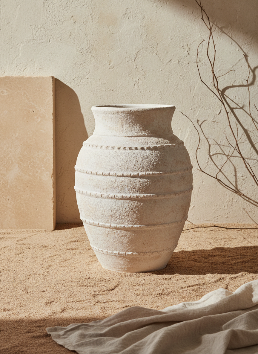 Vase Terracotta Beige Ivoire à Anneaux en Relief et Texture Rustique