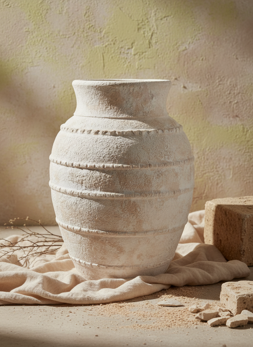 Vase Terracotta Beige Ivoire à Anneaux en Relief et Texture Rustique