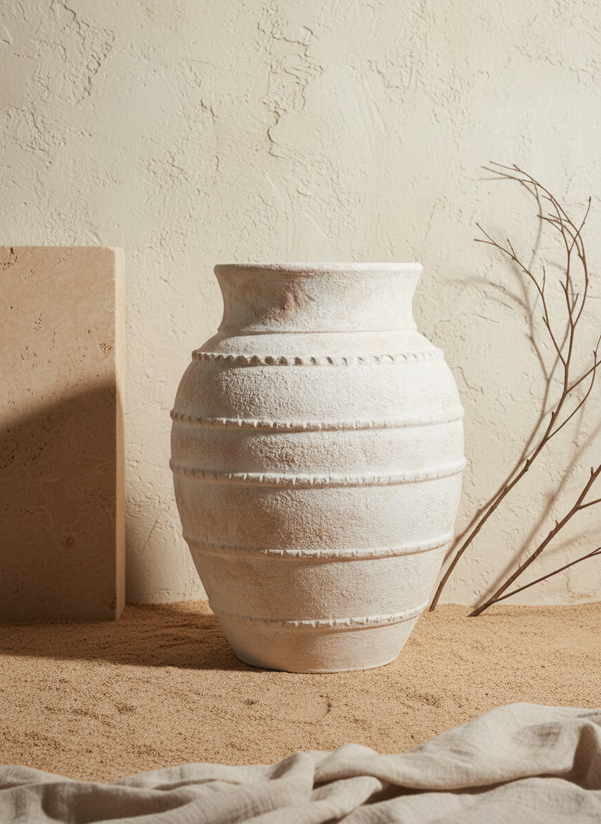 Vase Terracotta Beige Ivoire à Anneaux en Relief et Texture Rustique