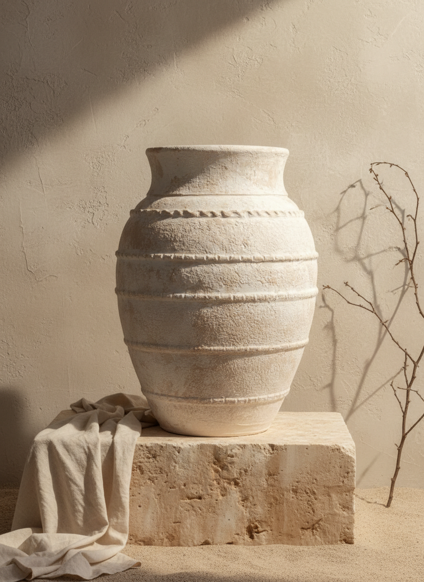 Vase Terracotta Beige Ivoire à Anneaux en Relief et Texture Rustique
