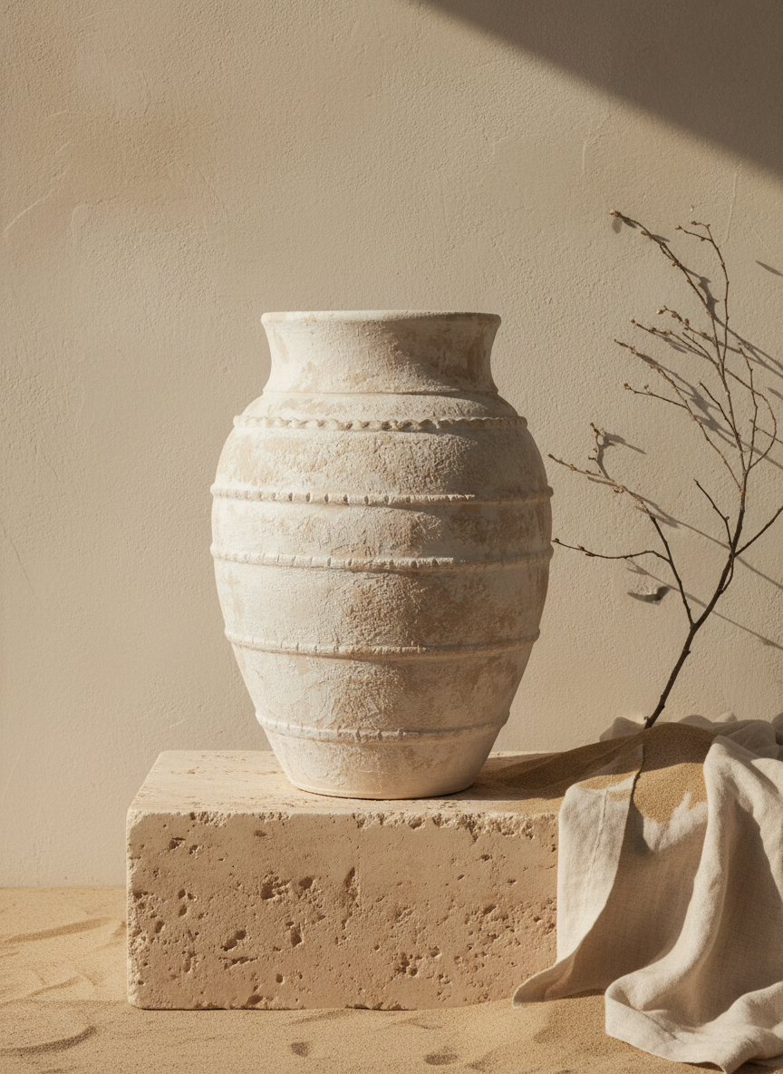 Vase Terracotta Beige Ivoire à Anneaux en Relief et Texture Rustique