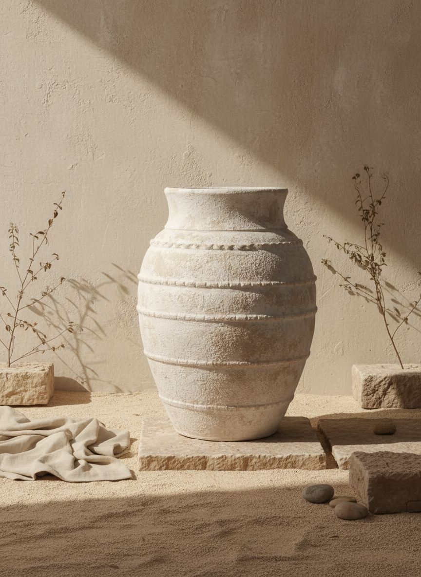 Vase Terracotta Beige Ivoire à Anneaux en Relief et Texture Rustique
