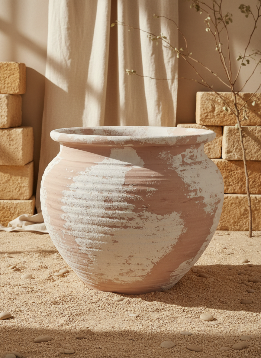 Vase rustique arrondi en terre cuite avec finition ivoire vieillie et texture