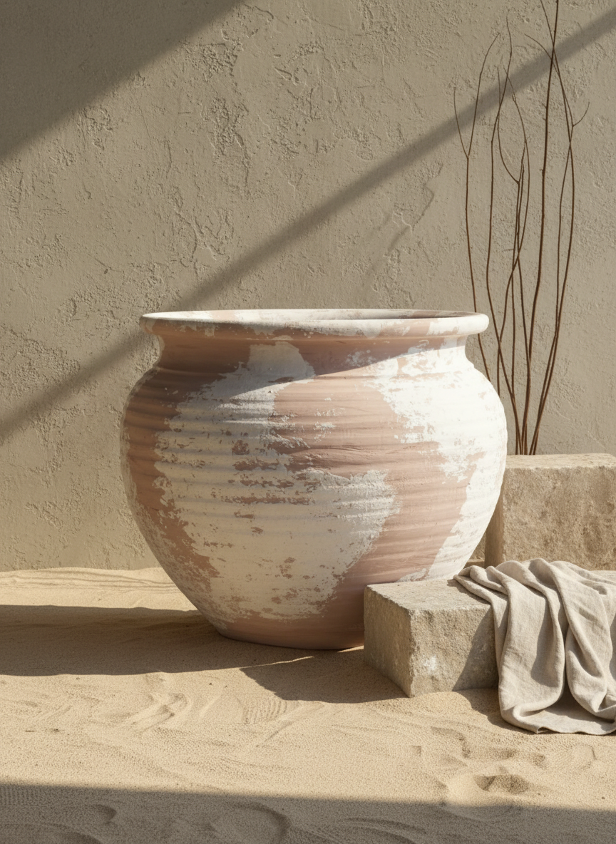Vase rustique arrondi en terre cuite avec finition ivoire vieillie et texture