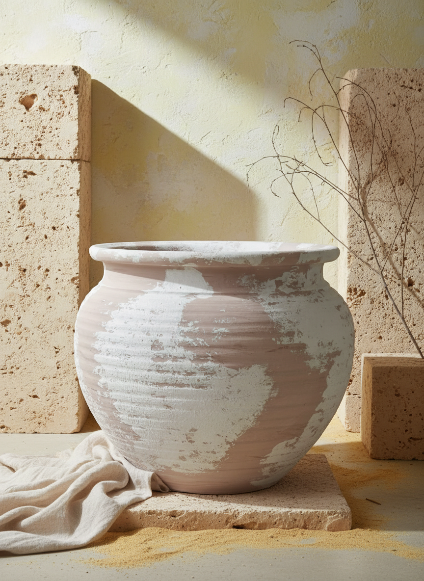 Vase rustique arrondi en terre cuite avec finition ivoire vieillie et texture