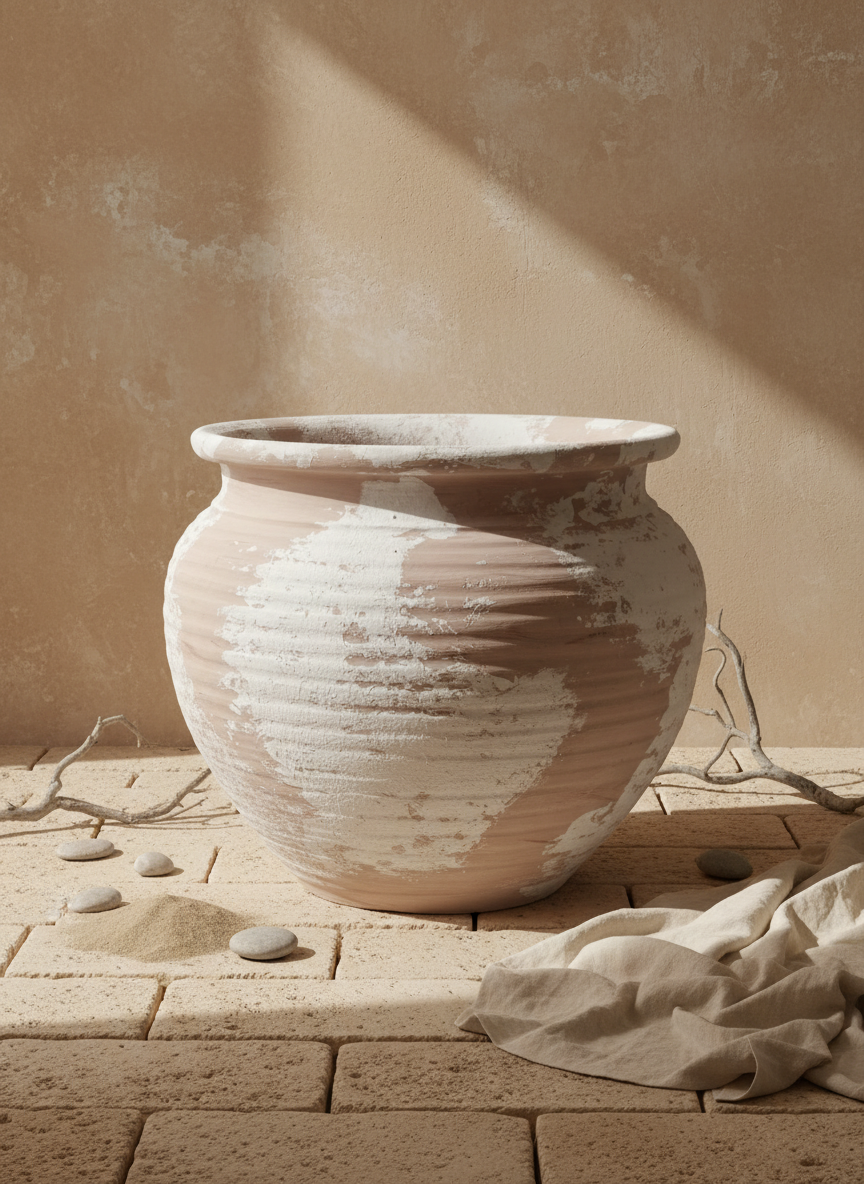 Vase rustique arrondi en terre cuite avec finition ivoire vieillie et texture
