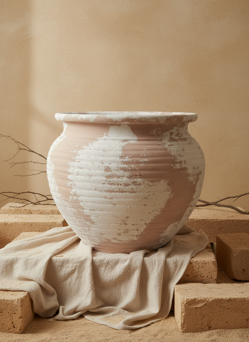Vase rustique arrondi en terre cuite avec finition ivoire vieillie et texture