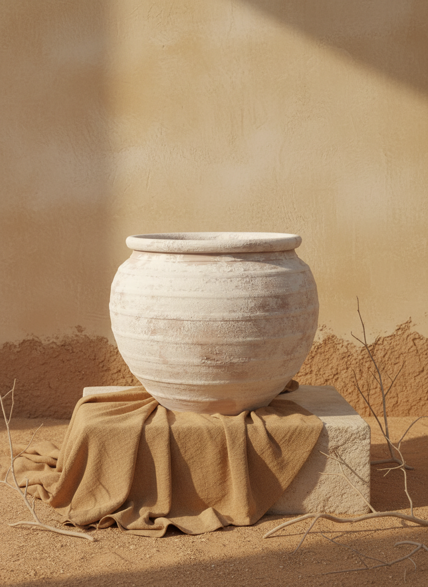 Rustikale beige Terrakotta-Vase mit abgerundetem Körper und strukturierter Oberfläche